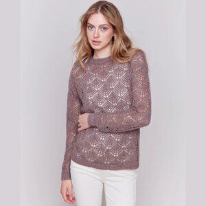 BNWT CHARLIE B Long Sleeve Crew Neck Open Knit Crochet Sweater Womens XS Taupe